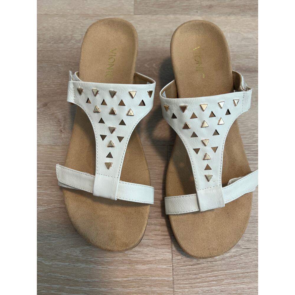 Vionic Maggie Sandal Wedge Heels Studs Slide Adjustable Straps Beige Women Sz 10 - Picture 3 of 8